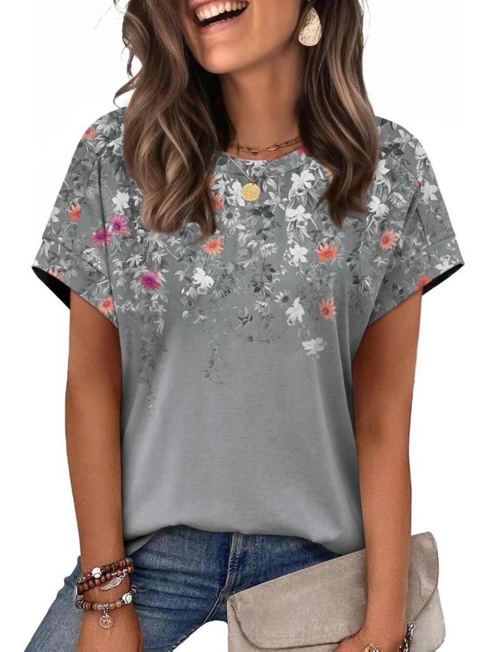 Women's Gray Floral Print Crew-neck Short Sleeve Classic Loose Fit Summer Shirt
